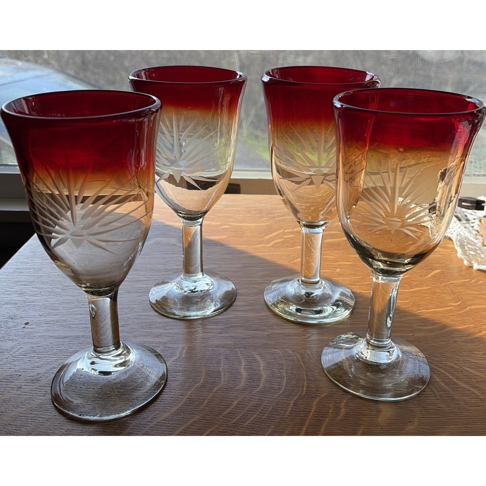 4 Hand Blown‎ Red & Clear Tall 8 3/8"  12oz Wine Glass Goblet Etched Starburst